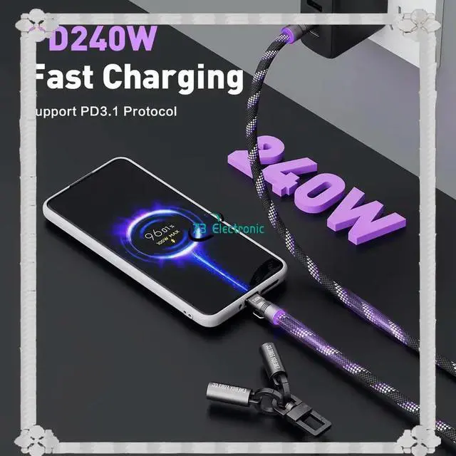 Alt view image 3 of 3 - Lanyard 240W Quick Charge USB C To C Cable, Strong Nylon Braided For Mobile Phones