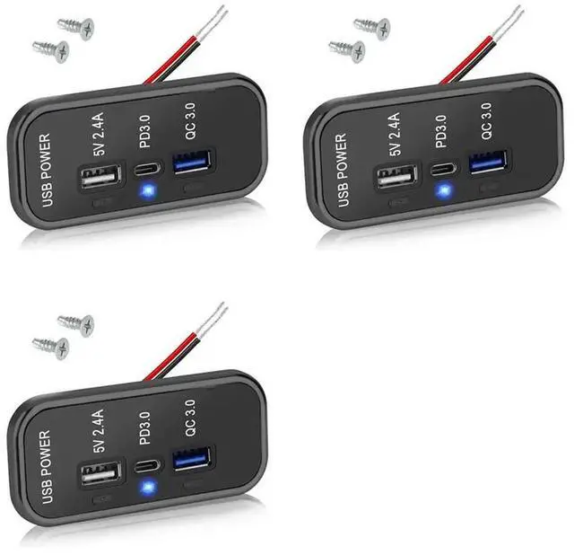 Main image of 3X 3 Ports 12V USB Outlet , PD3.0 Type C, QC 3.0 USB A & 2.4A USB A Fast Socket Adapter For Car