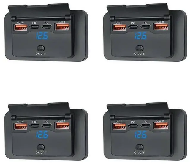 Main image of 4X 4-Ports 12V 108W Dual PD+Dual QC3.0 USB W/ Digital Voltmeter Switch Socket Power Outlet Panel Adapte