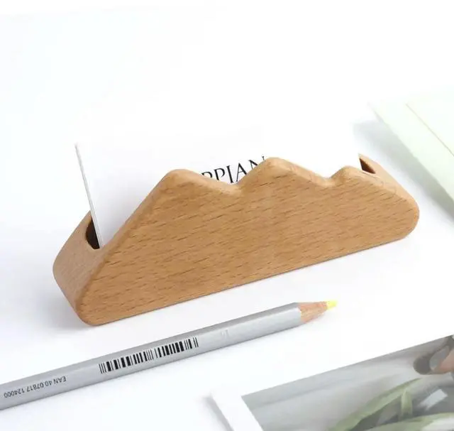 Main image of 1Pcs Unique Mountain Style Solid Wood Business Card Holder Sturdy Desk Organizer Natural Beech Wood Display Stand for Office