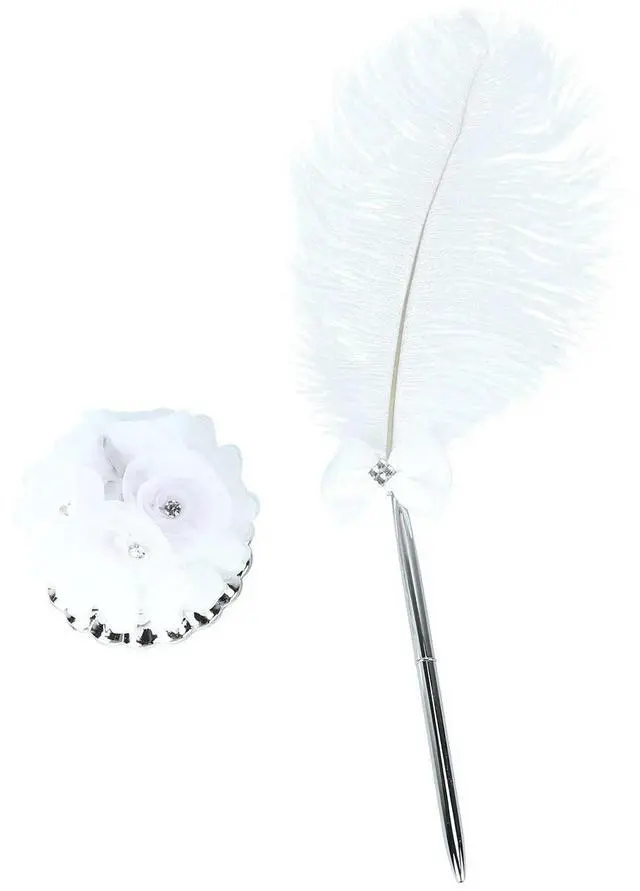 Alt view image 3 of 3 - 1Set Retro Wedding Supplies Signing Pen Set Silver llic Pen with Black Ink 360 Degree Rotation on Transparent Floral Base