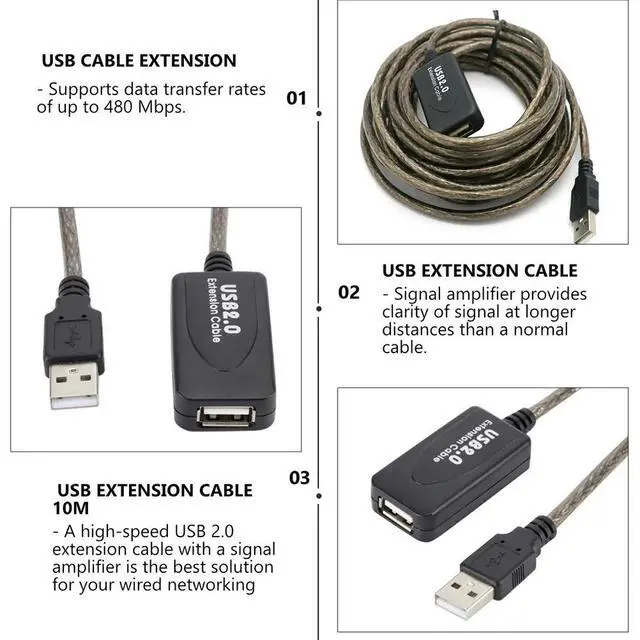 Alt view image 2 of 3 - USB 2.0 10 Meter Signal Boosting Extension Cable Supports 480Mbps Data Transfer USB Extension Cable for Laptop Desktop
