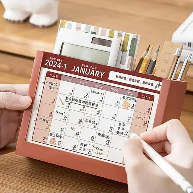 Main image of 2023 Decorative Standing Calendar Plastic Desk Organizer Pen Holder Calendar Box Desktop Sundries Holder Office Monthly
