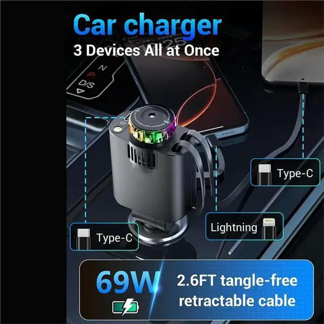 Alt view image 2 of 3 - Fast Car Adapter(5 In 1), 69W Retractable Charging Cable Featuring Aromatherapy And Starlight L/C Cable