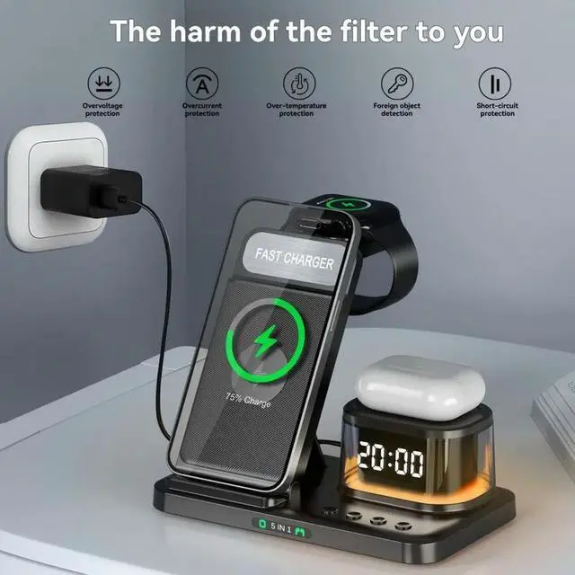 Alt view image 3 of 3 - 5-In-1 Folding Charging Station For phone Devices - Clock, Night Light, 22.5W Fast Charge