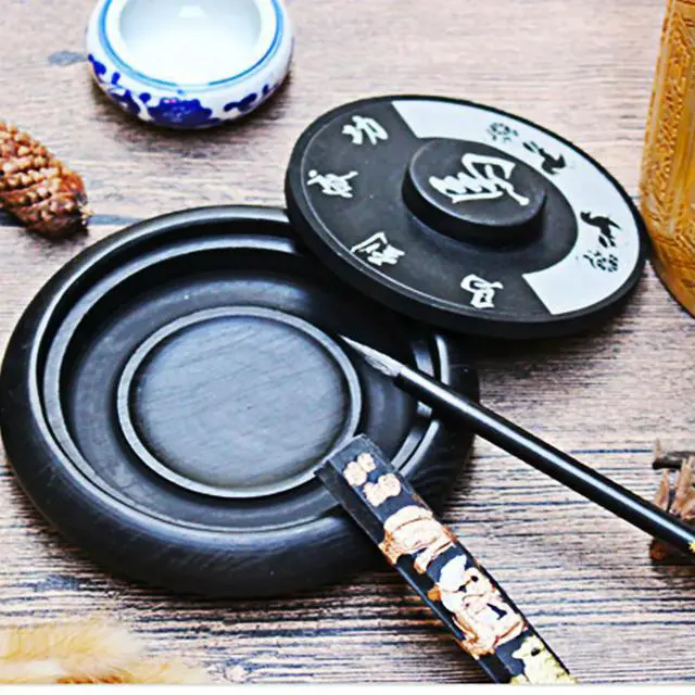 Alt view image 2 of 3 - 1Pcs 4 Inch Traditional with Lid Calligraphy Ink Grinding Stone Smooth Inner Surface Horse Motif Round Shape Beginner