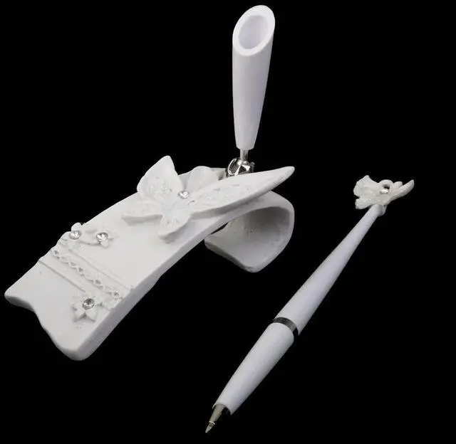 Main image of Rhinestone Decorated White Signing Pen with Holder 16cm Rotatable for Wedding Bridal Engagement Special Days Elegant Accessory