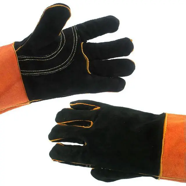 Alt view image 3 of 3 - 1Pair Odorless Safe Bbq Gloves Double-Layer Reinforced Seams Fireproof Cowhide Gloves for Outdoor Grilling Barbecuing Camping