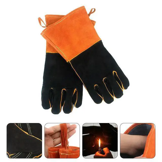 Alt view image 2 of 3 - 1Pair Odorless Safe Bbq Gloves Double-Layer Reinforced Seams Fireproof Cowhide Gloves for Outdoor Grilling Barbecuing Camping