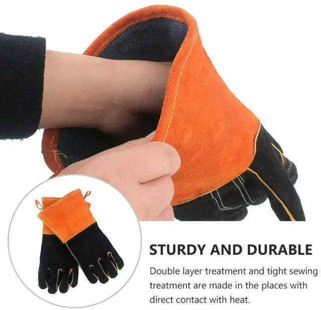 Main image of 1Pair Odorless Safe Bbq Gloves Double-Layer Reinforced Seams Fireproof Cowhide Gloves for Outdoor Grilling Barbecuing Camping