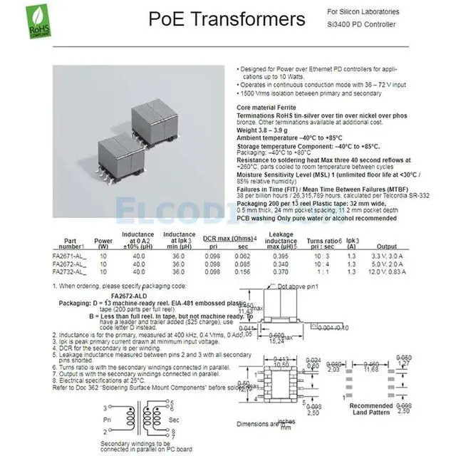 Alt view image 2 of 3 - For ABB COILCRAFT FA2672-AL 10:4 5V 2.A Audio transformer 1 Pcs