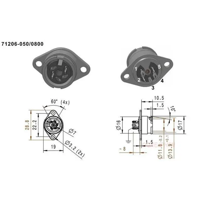 Alt view image 3 of 3 - For PREH 71206-050/0800 5-core DIN socket panel installation 5P 240-degree pin distribution