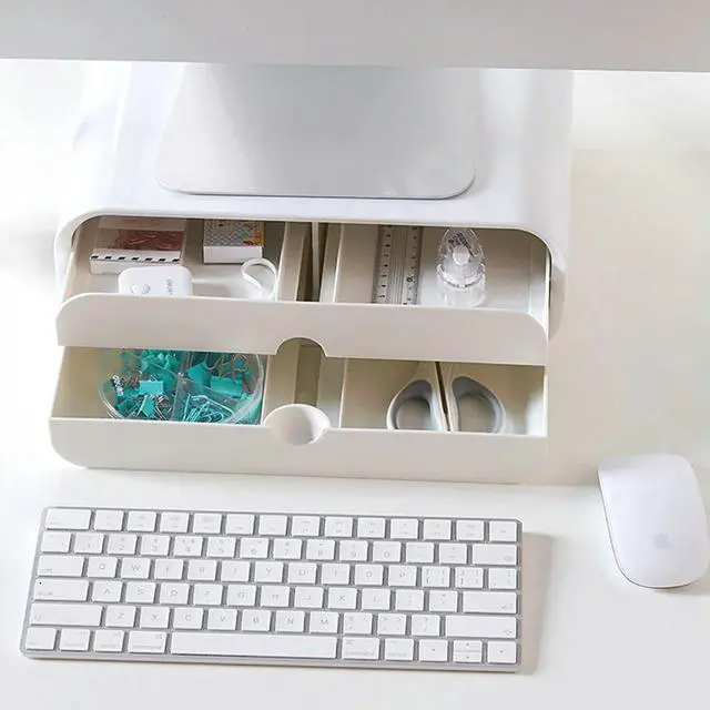 Alt view image 2 of 3 - Multifunctional Computer Screen Stand White Unique Desk Shape Monitor Shelf Desktop Organizer Strip Cable