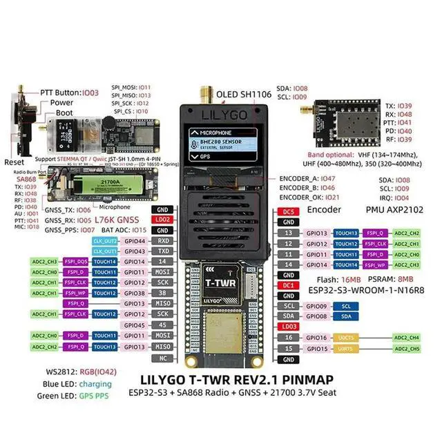 Alt view image 2 of 3 - Lilygo T-TWR ESP32-S3 Walkie-Talkie Development Board L76K GNSS Module UHF 480Mhz With 1.3 Inch OLED Display PM