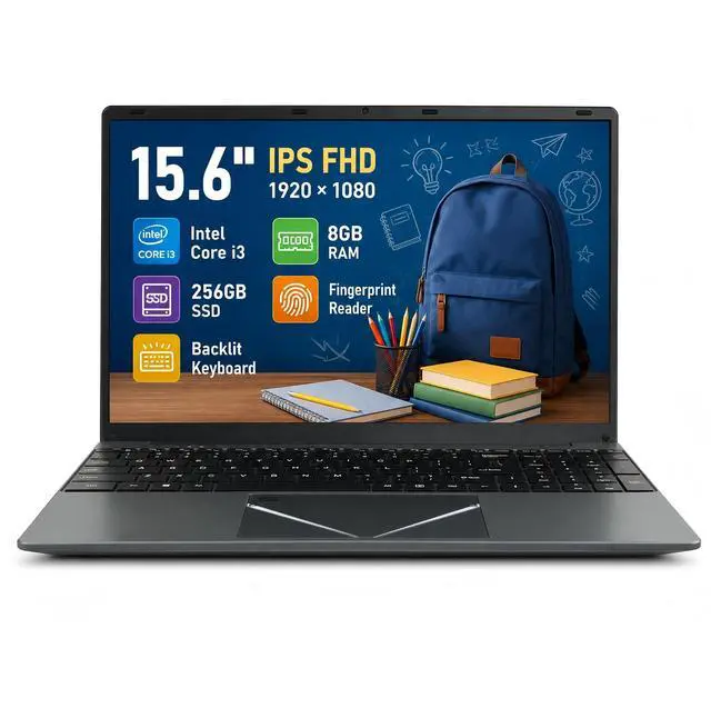 15.6" Student Laptop Computer, Intel Core i3, 8GB RAM, 256GB SSD, Fingerprint Unlock, Backlit Keyboard, Wi-Fi 5, BT5, Numpad, USB-C, Practical Gift for College, Study, Homework & Everyday Use