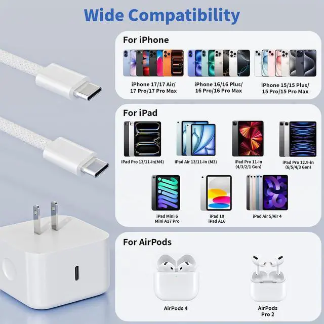 Alt view image 6 of 7 - iPhone 17 Charger Fast Charging USBC Charger 2 Pack 40W Foldable Dynamic USB C Power Adapter with 60W Max 6FT USB C Cable Woven Cord for iPhone 17 Air/17 Pro Max/16/16 Pro/15/iPad Pro/Air/Mini