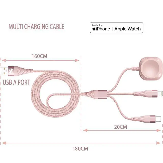Alt view image 2 of 6 - Watch Charger Multi Charging Cable 6FT Nylon Braided USB AM Port to Lightning Type C USB C Cord iWatch Magnetic Wireless 3 in 1 Charging Wire for iPhone Android Phone and iWatch