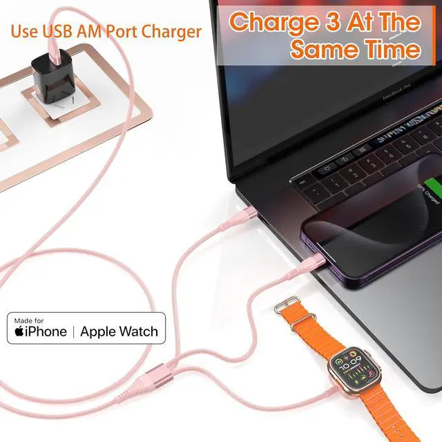 Alt view image 3 of 6 - Watch Charger Multi Charging Cable 6FT Nylon Braided USB AM Port to Lightning Type C USB C Cord iWatch Magnetic Wireless 3 in 1 Charging Wire for iPhone Android Phone and iWatch