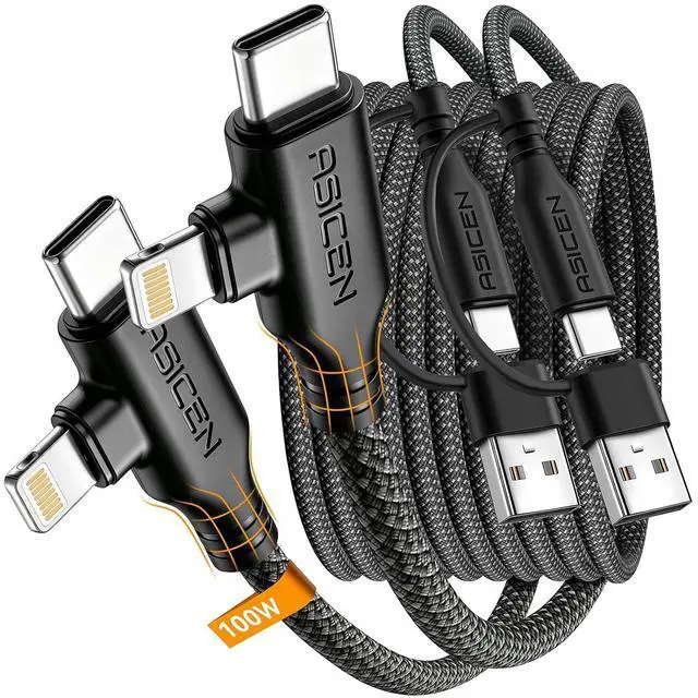 Main image of 100W PD 2 in 2 Multi Charging Cable 6ft Braided USB C to 90°Lightning Cable 5A Fast Charging with USB A/C to C/L for iPhone Series/MacBook/iPad/Galaxy/Switch 2 Multi Chargers (2 Black 6Ft)