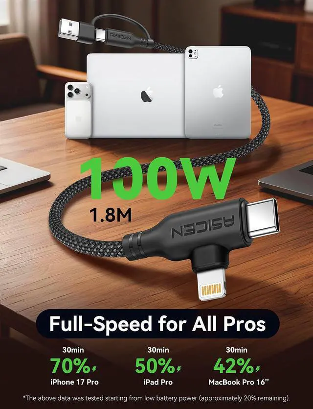 Alt view image 3 of 7 - 100W PD 2 in 2 Multi Charging Cable 6ft Braided USB C to 90°Lightning Cable 5A Fast Charging with USB A/C to C/L for iPhone Series/MacBook/iPad/Galaxy/Switch 2 Multi Chargers (2 Black 6Ft)