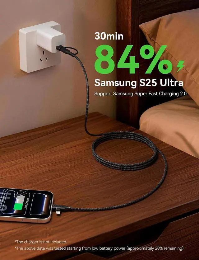 Alt view image 4 of 7 - 100W PD 2 in 2 Multi Charging Cable 6ft Braided USB C to 90°Lightning Cable 5A Fast Charging with USB A/C to C/L for iPhone Series/MacBook/iPad/Galaxy/Switch 2 Multi Chargers (2 Black 6Ft)