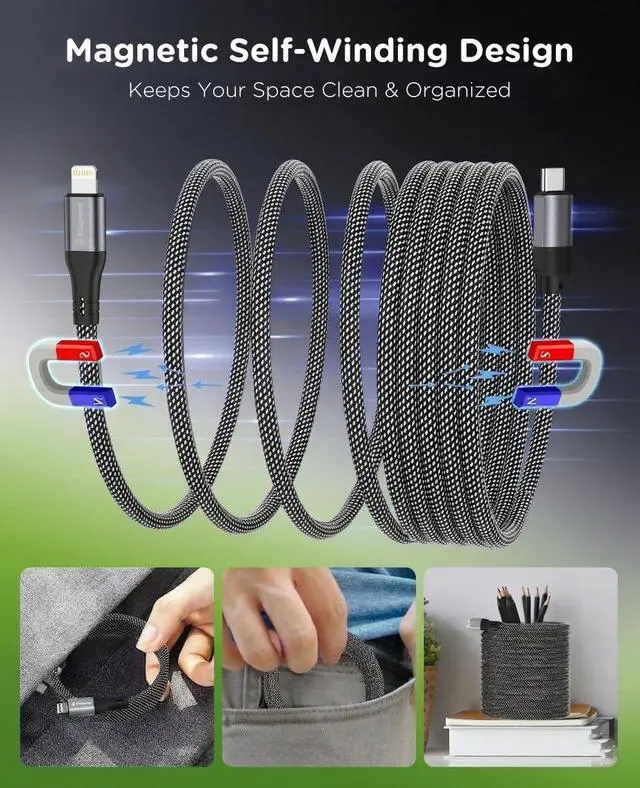 Alt view image 2 of 7 - 5FT Coiled Magnetic USB C to Lightning Cable Self Winding Charger | Silver-Black Braided Type C to Lightning Charging Cord Anti Tangling for Car Desk Bed Compatible with iPhone 14 13 12 11