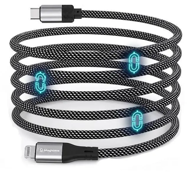Main image of 5FT Coiled Magnetic USB C to Lightning Cable Self Winding Charger | Silver-Black Braided Type C to Lightning Charging Cord Anti Tangling for Car Desk Bed Compatible with iPhone 14 13 12 11