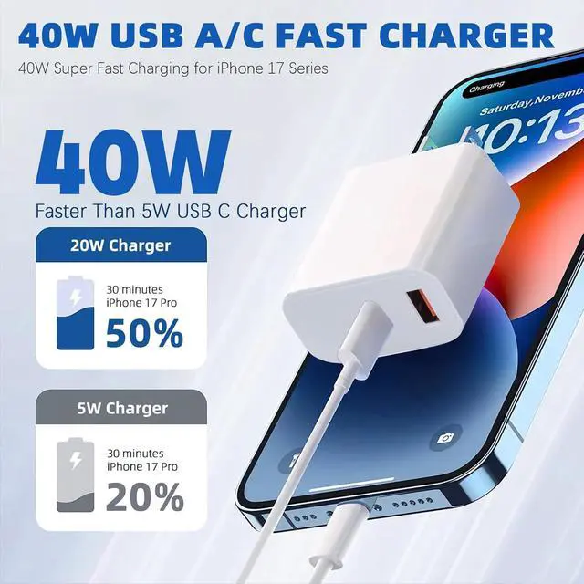 Alt view image 2 of 7 - iPhone 17 16 15 Charger Fast Charging 40W Dual Port A/C Phone Charger Fast Charging USB C Wall Charger Block Quick 10FT Type C Charging Cable for iPhone 17/17 Pro Max/17 Air/16 Pro/16e/15 Plus/15 Pro