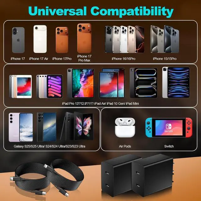 Alt view image 3 of 7 - iPhone 17 16 15 Charger Fast Charging 45W Fast Dual Port USB C Charger Block 2Pack Quick iPhone USB C Phone Wall Charger 6FT Type C Charging Cord for iPhone17 Pro/17 ProMax/17Air/16 Pro/16e/15/15 Plus