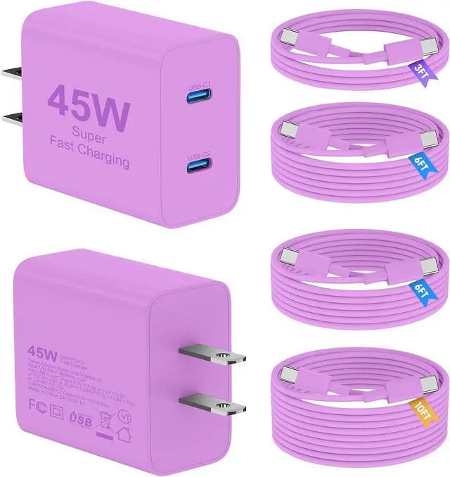 Main image of 45W iPhone 17 16 15 Charger Fast Charging 2Pack Dual Port USB C Charger Block with Long 60W 3/6/6/10FT USB C to C Cable PD 3.0 Wall Charger Plug for iPhone 17/16/15 Pro Max/iPad Pro Purple