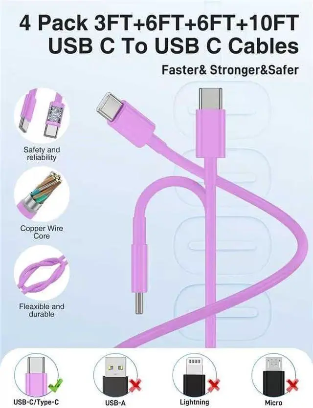 Alt view image 6 of 7 - 45W iPhone 17 16 15 Charger Fast Charging 2Pack Dual Port USB C Charger Block with Long 60W 3/6/6/10FT USB C to C Cable PD 3.0 Wall Charger Plug for iPhone 17/16/15 Pro Max/iPad Pro Purple