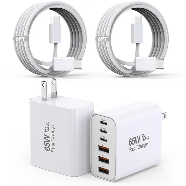 Main image of 65W USB C Charger Block 2Pack 6-Port Fast Charging Block with 6ft Long TypeC to TypeC Woven Cable Cord Multiport Plug USB C Power Adapter for iPhone 17/17 Air/17 Pro/16/16e/16 Pro Max/15 iPad AirPods