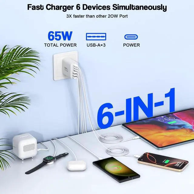 Alt view image 2 of 7 - 65W USB C Charger Block 2Pack 6-Port Fast Charging Block with 6ft Long TypeC to TypeC Woven Cable Cord Multiport Plug USB C Power Adapter for iPhone 17/17 Air/17 Pro/16/16e/16 Pro Max/15 iPad AirPods