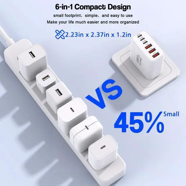 Alt view image 5 of 7 - 65W USB C Charger Block 2Pack 6-Port Fast Charging Block with 6ft Long TypeC to TypeC Woven Cable Cord Multiport Plug USB C Power Adapter for iPhone 17/17 Air/17 Pro/16/16e/16 Pro Max/15 iPad AirPods