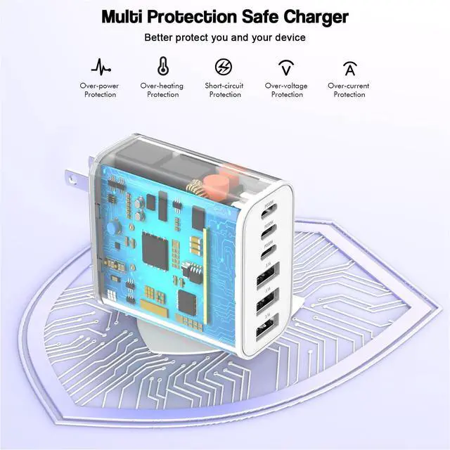 Alt view image 4 of 7 - 65W USB C Charger Block 2Pack 6-Port Fast Charging Block with 6ft Long TypeC to TypeC Woven Cable Cord Multiport Plug USB C Power Adapter for iPhone 17/17 Air/17 Pro/16/16e/16 Pro Max/15 iPad AirPods