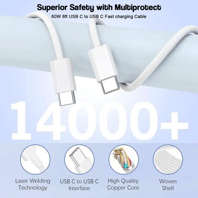Alt view image 6 of 7 - 65W USB C Charger Block 2Pack 6-Port Fast Charging Block with 6ft Long TypeC to TypeC Woven Cable Cord Multiport Plug USB C Power Adapter for iPhone 17/17 Air/17 Pro/16/16e/16 Pro Max/15 iPad AirPods