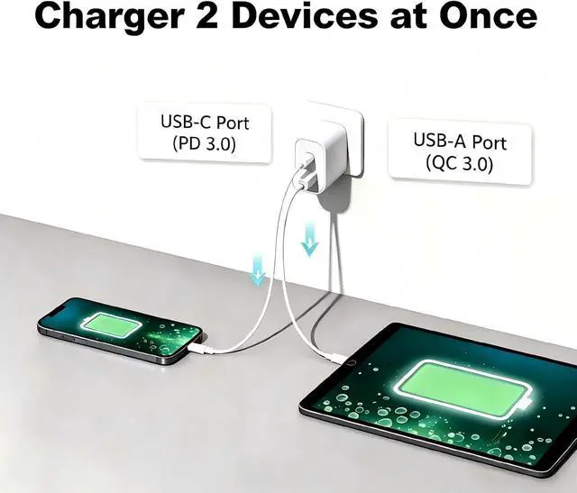 Alt view image 2 of 7 - USB Charger Block 2-Pack Fast Charging Block Dual Port QC 3.0 USB-A and PD USB-C Charger Block for iPhone 11/12/13/14/15/16/17 Pro/Pro Max XS/XR/X iPad Pro Galaxy/Android and More