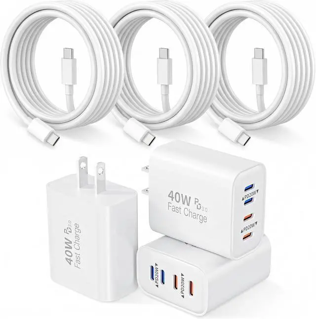 Main image of iPhone Charger Fast Charging 3Pack Long 6FT Type C to USB C Cable Cord 4 Port 40W USB C Charging Block Charger Quick Charging for iPhone 17 Air/17 16 15 Pro Max/16e/16 Plus/15/15 Pro/iPad