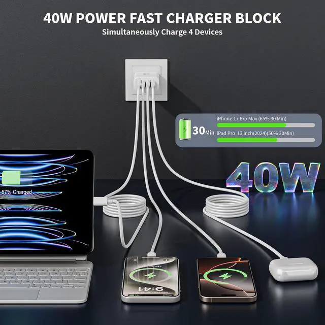 Alt view image 2 of 7 - iPhone Charger Fast Charging 3Pack Long 6FT Type C to USB C Cable Cord 4 Port 40W USB C Charging Block Charger Quick Charging for iPhone 17 Air/17 16 15 Pro Max/16e/16 Plus/15/15 Pro/iPad