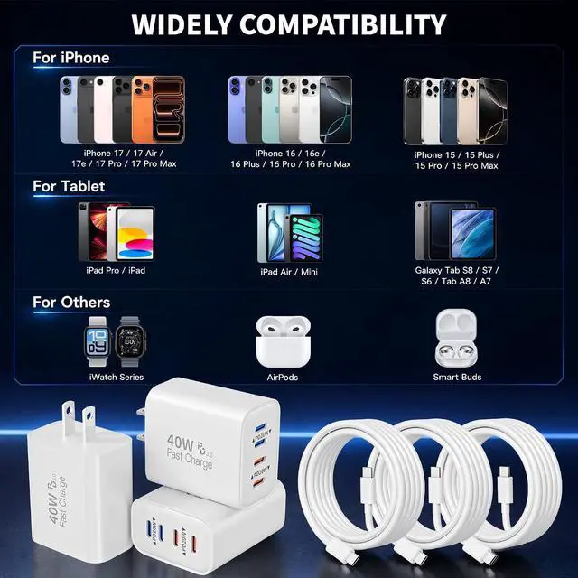 Alt view image 5 of 7 - iPhone Charger Fast Charging 3Pack Long 6FT Type C to USB C Cable Cord 4 Port 40W USB C Charging Block Charger Quick Charging for iPhone 17 Air/17 16 15 Pro Max/16e/16 Plus/15/15 Pro/iPad