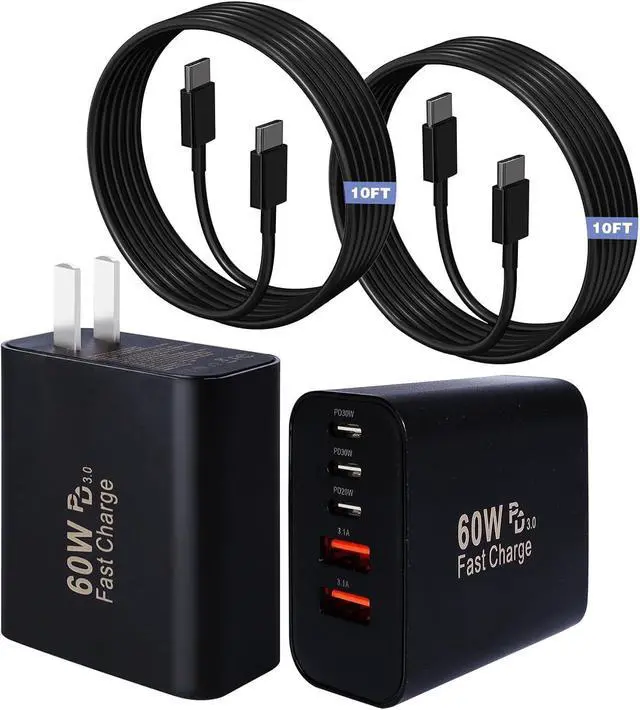 Main image of Fast iPhone 17 16 15 Pro Charger 60W 5Port USB C Phone Charger Fast Charging Block 2Pack Quick Type C Wall Charger 10FT Long USB C Charging Cord for iPhone 17 Pro/17 ProMax/17 Air/16 ProMax/16e/15 Pro