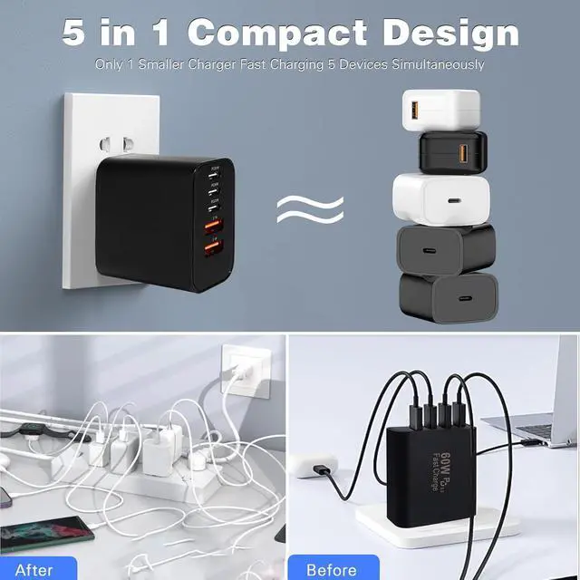 Alt view image 6 of 7 - Fast iPhone 17 16 15 Pro Charger 60W 5Port USB C Phone Charger Fast Charging Block 2Pack Quick Type C Wall Charger 10FT Long USB C Charging Cord for iPhone 17 Pro/17 ProMax/17 Air/16 ProMax/16e/15 Pro