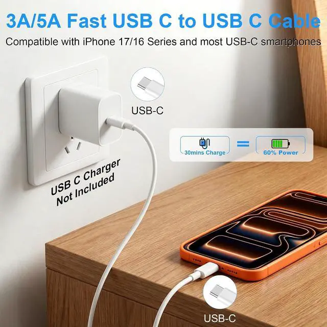 Alt view image 3 of 7 - USB C to USB C Charging Cable for iPhone 17/16/15 Charger Fast 6ft Long USBC to USB-C Power Cord for iPhone 17/16 Pro/Pro Max/Air MacBook Air 13 inch/IPad Pro/Air/10th/4/5 Type C 2Pack 6 ft 60W