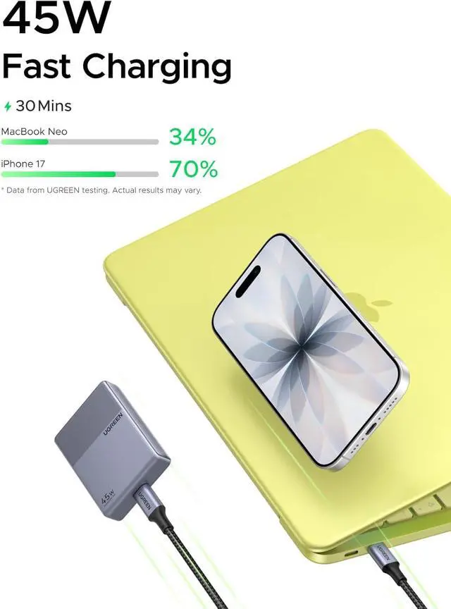 Alt view image 3 of 7 - Nexode Air 45W USB C Charger Block Flat USBC Wall Charger Ultra Slim and Foldable Plug Power Adapter for iPhone 17 16 Galaxy S26/S25 iPad MacBook Air/Neo/Pro Grey