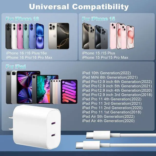 Alt view image 3 of 7 - iPhone 17 16 Charger 20W Dual Port Type C Charger Fast Charging Block 2Pack Double USB C Phone Chargers 10FT Long USB C Cord for iPhone 17/17e/17 ProMax/17 Pro/17 Air/16 ProMax/16 Pro/16e/15/15 Pro