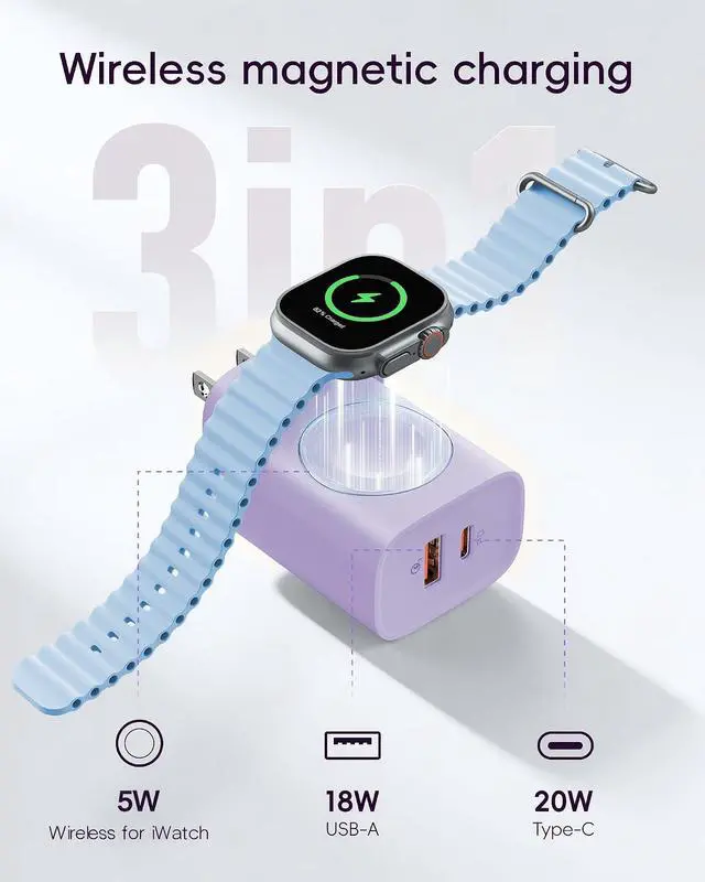Alt view image 2 of 7 - Charger for iPhone & Watch 20W USB C Fast Charging Block 3-in-1 Compact Travel Adapter with 2 Port for iPhone 17/16/15/14/13 Wireless Magnetic for iWatch SE/11/10/9/8/7/6/5/4-Purple
