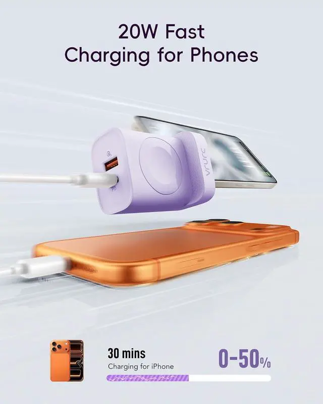 Alt view image 3 of 7 - Charger for iPhone & Watch 20W USB C Fast Charging Block 3-in-1 Compact Travel Adapter with 2 Port for iPhone 17/16/15/14/13 Wireless Magnetic for iWatch SE/11/10/9/8/7/6/5/4-Purple