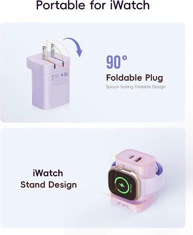 Alt view image 5 of 7 - Charger for iPhone & Watch 20W USB C Fast Charging Block 3-in-1 Compact Travel Adapter with 2 Port for iPhone 17/16/15/14/13 Wireless Magnetic for iWatch SE/11/10/9/8/7/6/5/4-Purple