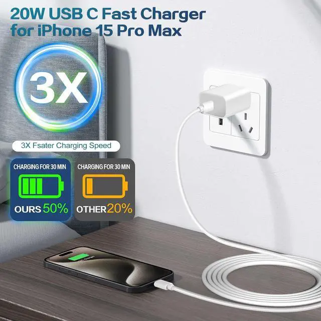 Alt view image 2 of 7 - iPhone 17 16 Pro Charger Fast Charging 2Pack 20W Quick USB C Charger Block Type C Chargers Fast Charging 6FT USBC Charging Cable Cord for iPhone 17 Pro/17 ProMax/17 Air/16/16 ProMax/16e/15 Pro/15 Plus