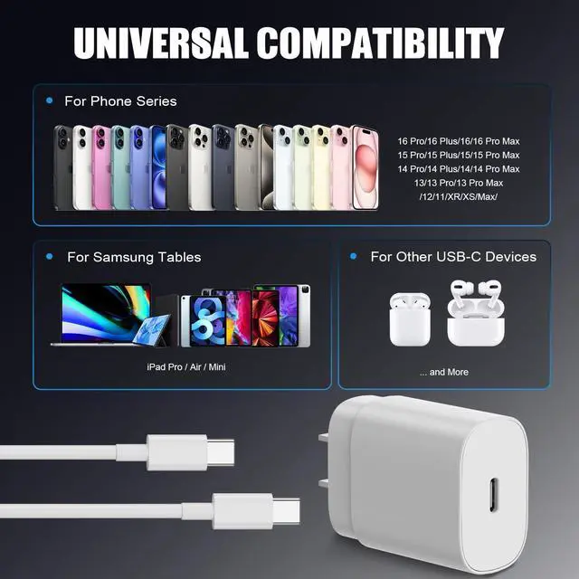 Alt view image 5 of 7 - 25W for iPhone 16 15 Charger Fast Charging 4 Pack USB C Wall Charger Block with (6 ft+10 ft) x2 Long USB C to C Cable for iPhone 16/15 Pro Max/Plus for iPad Pro/Mini White